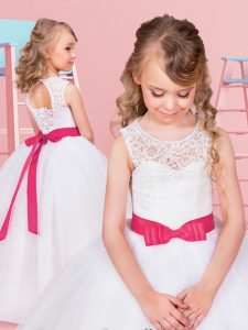 Custom Fit White Tulle Lace Up Scoop Sleeveless Floor Length Toddler Flower Girl Dress Lace and Bowknot