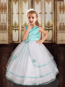 Ideal White and Aqua Blue Zipper Little Girls Pageant Dress Beading and Ruffled Layers Sleeveless Floor Length