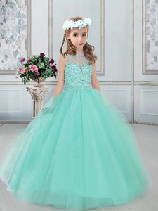 Apple Green Ball Gowns Bateau Sleeveless Tulle Floor Length Lace Up Beading Pageant Dress