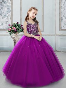 Exquisite Straps Floor Length Eggplant Purple Little Girl Pageant Gowns Tulle Sleeveless Beading