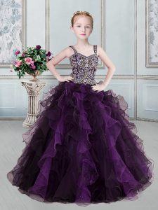 Straps Purple Sleeveless Beading and Ruffles Floor Length Pageant Gowns