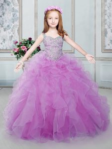 Straps Floor Length Lilac Little Girl Pageant Dress Organza Sleeveless Beading and Ruffles