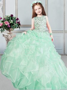 Excellent Apple Green Ball Gowns Organza Scoop Sleeveless Beading and Ruffles Floor Length Lace Up Kids Pageant Dress