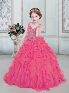 Pretty Floor Length Watermelon Red Kids Pageant Dress Organza Sleeveless Beading and Ruffles