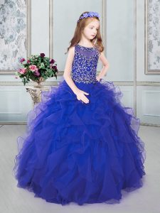 Best Scoop Floor Length Lace Up Little Girl Pageant Dress Royal Blue for Quinceanera and Wedding Party with Beading and 