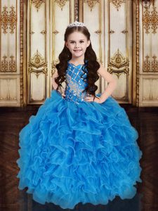 Fantastic Sequins Straps Sleeveless Lace Up Pageant Gowns For Girls Baby Blue Tulle