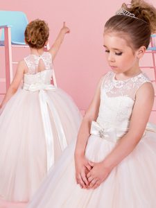Extravagant Scoop Champagne Tulle Lace Up Flower Girl Dress Sleeveless Floor Length Lace and Bowknot