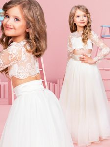 Exquisite White Scoop Clasp Handle Lace Flower Girl Dresses Long Sleeves