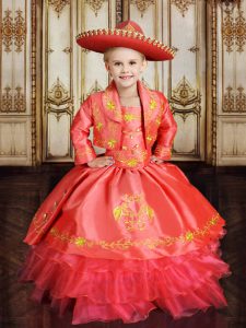 Sexy Coral Red Little Girls Pageant Dress Quinceanera and Wedding Party and For with Embroidery and Ruffled Layers Spagh