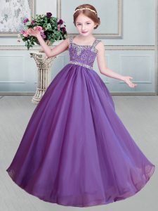 Flirting Eggplant Purple Organza Lace Up Straps Sleeveless Floor Length Child Pageant Dress Beading