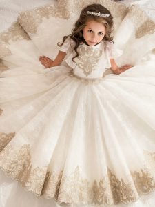 White Lace Zipper Bateau Short Sleeves Floor Length Kids Formal Wear Beading and Lace