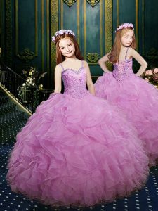 Sexy Rose Pink Straps Lace Up Beading and Ruffles Girls Pageant Dresses Sleeveless