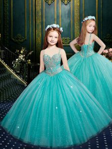 High Class Aqua Blue Zipper Spaghetti Straps Beading and Sequins Kids Pageant Dress Tulle Sleeveless