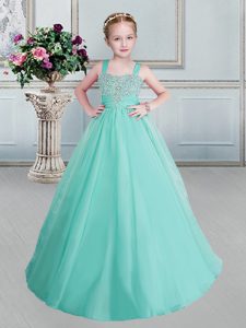 Flirting Apple Green Kids Pageant Dress Quinceanera and Wedding Party and For with Beading Straps Sleeveless Lace Up