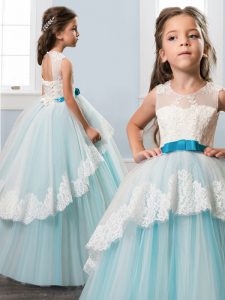 Scoop Backless White and Blue Sleeveless Lace and Bowknot Floor Length Kids Formal Wear
