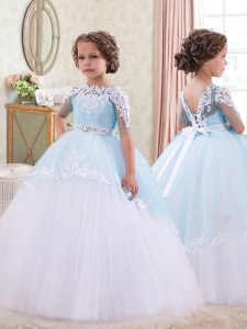 Floor Length White and Blue Pageant Gowns For Girls Bateau Sleeveless Lace Up