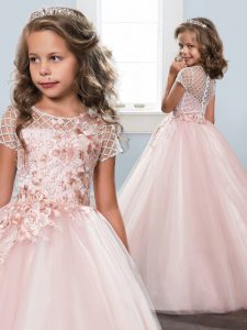 Graceful Scoop Short Sleeves Floor Length Clasp Handle Child Pageant Dress Baby Pink for Quinceanera and Wedding Party w