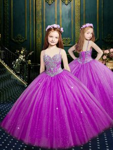Attractive Fuchsia Sleeveless Floor Length Beading and Sequins Lace Up Kids Pageant Dress