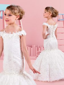 Nice Mermaid Off the Shoulder White Sleeveless Lace and Appliques Floor Length Toddler Flower Girl Dress