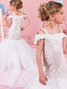 White Ball Gowns Tulle Off The Shoulder Sleeveless Lace Floor Length Lace Up Flower Girl Dress