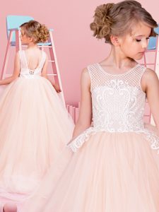 Scoop With Train Champagne Flower Girl Dress Tulle Brush Train Sleeveless Lace