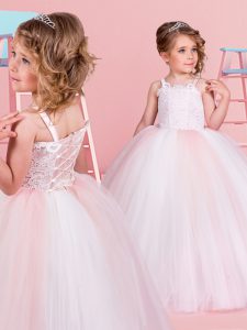 Adorable Straps Floor Length Lace Up Flower Girl Dresses for Less White for Quinceanera and Wedding Party with Lace