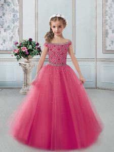 Off the Shoulder Cap Sleeves Floor Length Beading Lace Up High School Pageant Dress with Coral Red