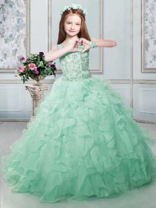 Modest Ball Gowns Little Girls Pageant Dress Wholesale Apple Green V-neck Organza Sleeveless Floor Length Lace Up