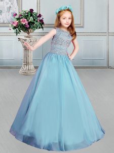 Cheap Blue Bateau Lace Up Beading Little Girl Pageant Dress Sleeveless