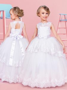 White Ball Gowns Tulle Scoop Sleeveless Lace and Bowknot Floor Length Lace Up Toddler Flower Girl Dress