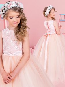Inexpensive Scoop Lace and Bowknot Flower Girl Dresses for Less Champagne Lace Up Sleeveless Floor Length