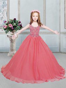 Chic Watermelon Red Ball Gowns Organza Scoop Sleeveless Beading Floor Length Lace Up Kids Pageant Dress