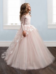 Perfect Scoop Ball Gowns Long Sleeves Baby Pink Kids Formal Wear Brush Train Zipper