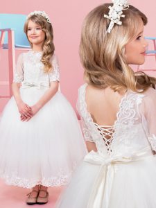 Custom Fit Scoop Tea Length White Flower Girl Dresses Tulle Short Sleeves Lace and Bowknot