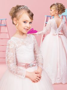 Glittering Baby Pink Ball Gowns Scoop Long Sleeves Tulle Floor Length Clasp Handle Lace and Bowknot Flower Girl Dresses 