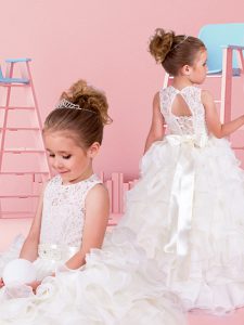 Designer Scoop White Sleeveless Lace and Ruffles and Belt Floor Length Toddler Flower Girl Dress