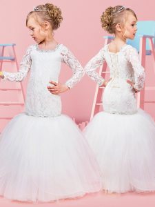 White Scoop Lace Up Beading and Lace Flower Girl Dresses for Less Long Sleeves