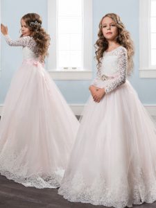 Customized White Tulle Zipper Scoop Long Sleeves With Train Little Girl Pageant Gowns Watteau Train Appliques and Sashes