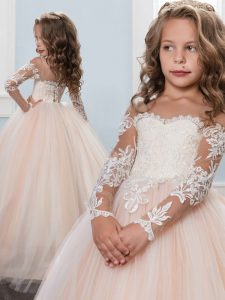 Hot Sale Off the Shoulder Long Sleeves Brush Train Lace Criss Cross Pageant Gowns For Girls