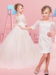 On Sale Off The Shoulder Half Sleeves Toddler Flower Girl Dress Mini Length Lace White Tulle and Lace