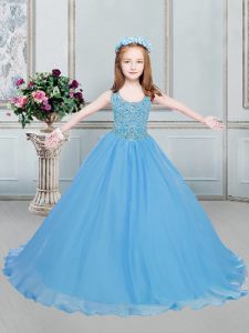 Fantastic Scoop Sleeveless Lace Up Pageant Dress for Teens Baby Blue Organza