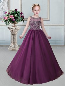 Burgundy Ball Gowns Organza Scoop Sleeveless Beading Floor Length Lace Up Little Girl Pageant Dress