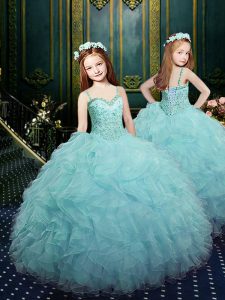 Modern Floor Length Light Blue Little Girls Pageant Dress Wholesale Straps Sleeveless Lace Up