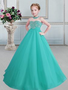 Organza Halter Top Sleeveless Lace Up Beading High School Pageant Dress in Turquoise