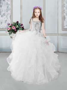 Trendy Ball Gowns Pageant Gowns White Square Organza Sleeveless Floor Length Zipper