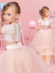 Sophisticated Peach Tulle Clasp Handle Scoop Short Sleeves Floor Length Flower Girl Dresses Lace and Ruffles