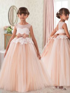 Ideal Peach Ball Gowns Scoop Sleeveless Tulle Floor Length Zipper Sashes ribbons and Bowknot Little Girls Pageant Dress 