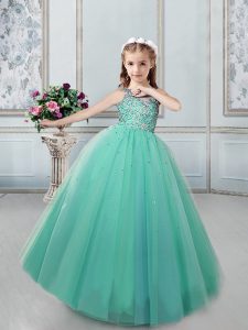 Scoop Turquoise Sleeveless Tulle Lace Up Little Girl Pageant Gowns for Quinceanera and Wedding Party