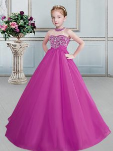 Halter Top Floor Length Lace Up Kids Formal Wear Fuchsia for Quinceanera and Wedding Party with Beading