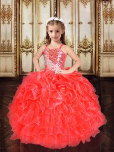 Glorious Straps Floor Length Lace Up Pageant Dress for Womens Red for Quinceanera and Wedding Party with Beading and Ruf